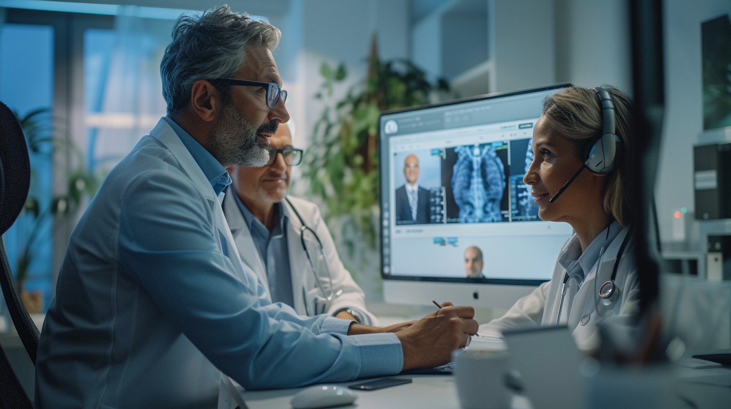 Shifaam medical team conducting a video conference. Three doctors, one wearing a headset, are discussing patient X-ray images displayed on a monitor in a modern medical office.