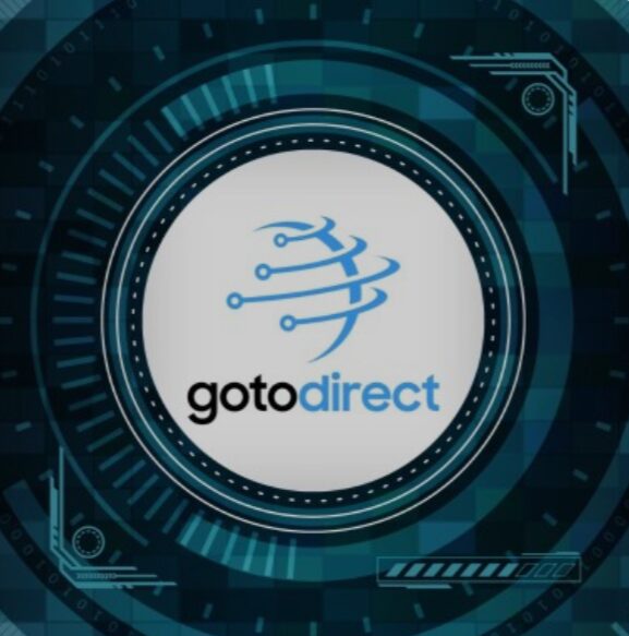 The image shows the "gotodirect" logo, a blue globe with interconnected nodes, set within a futuristic digital interface on a dark blue geometric background.