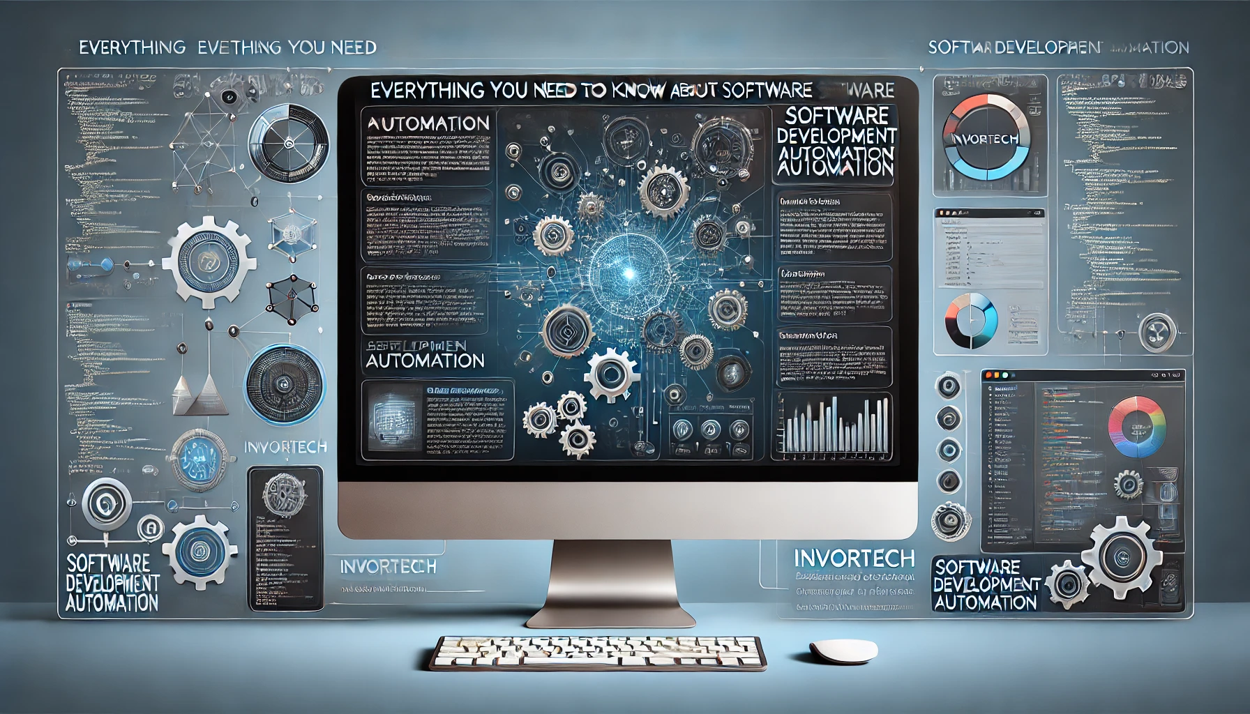 Panoramic image of software development automation with gears, code, and a central screen, set against a blue gradient background.