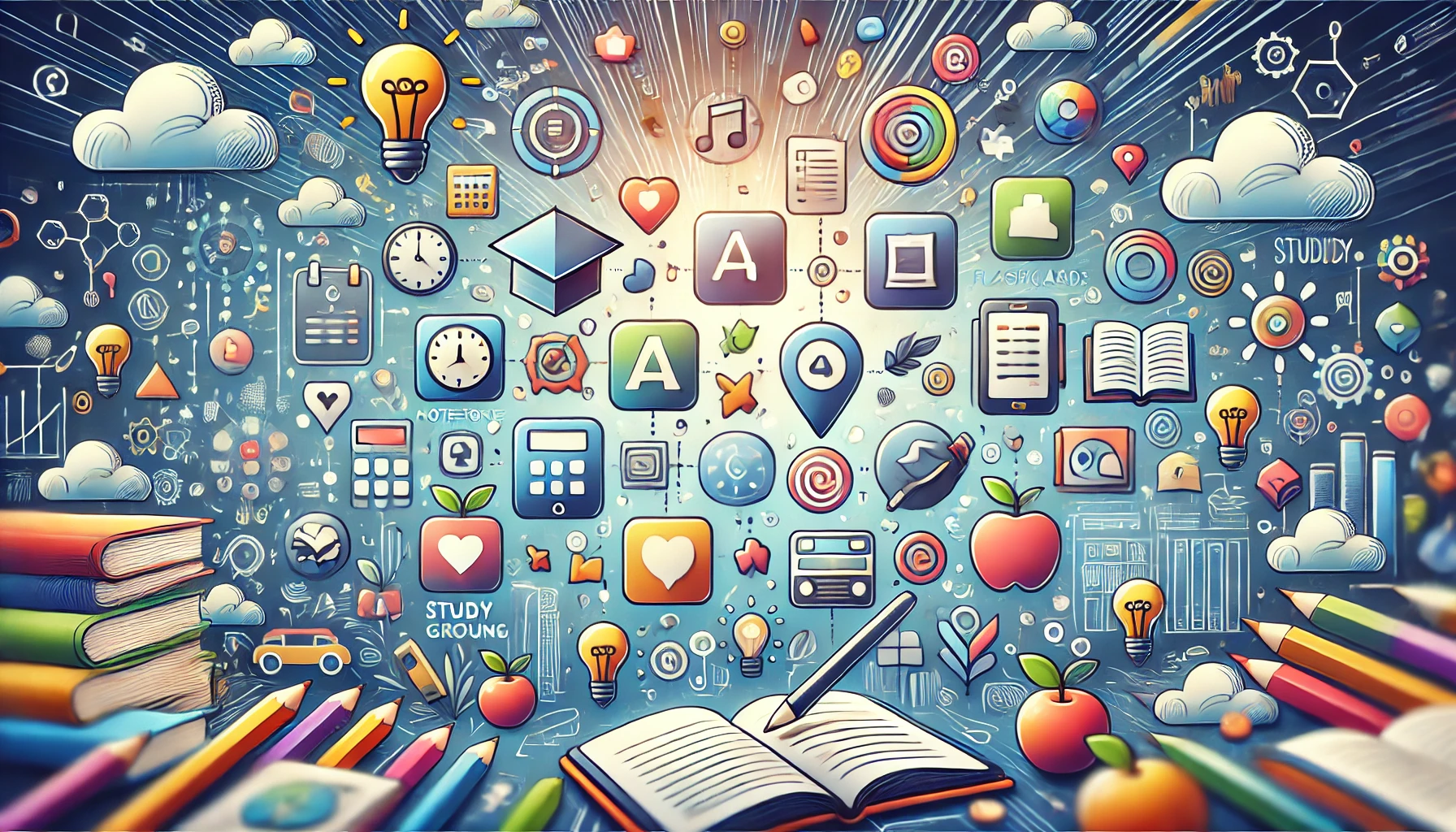 Vibrant panoramic illustration of app icons for student education and productivity. Top 20 Apps for Students.