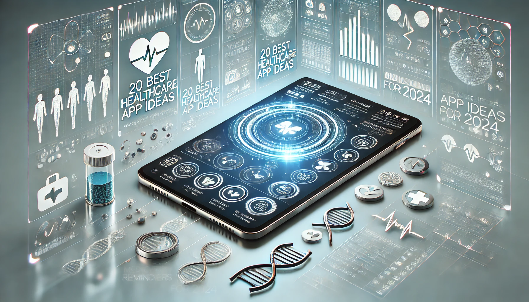 A futuristic image of a smartphone displaying healthcare app icons and medical symbols, representing "20 Best Healthcare App Ideas For 2024.