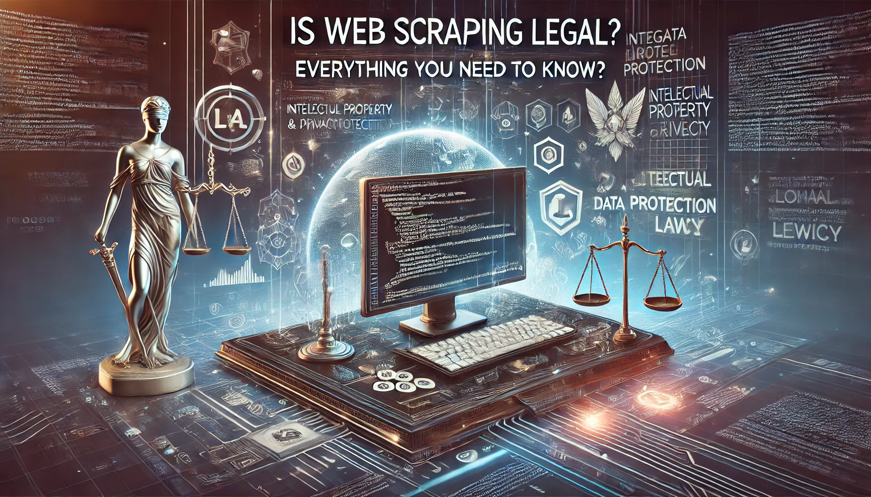 A high-tech image illustrating Is Web Scraping Legal with a computer screen showing data scraping, surrounded by symbols of justice and data protection.