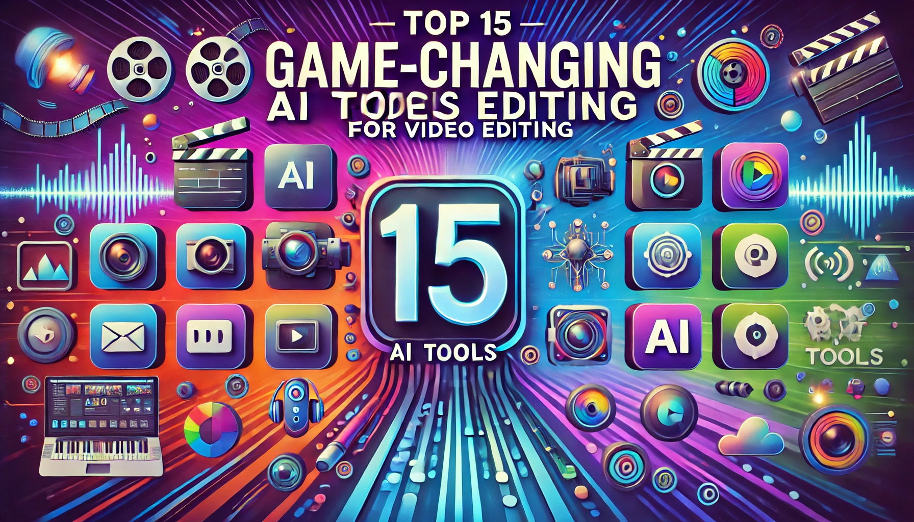 DALL·E 2024 08 05 00.09.53 A vibrant and dynamic graphic titled Top 15 Game Changing AI Tools for Video Editing. The background is a sleek modern design with elements like fi