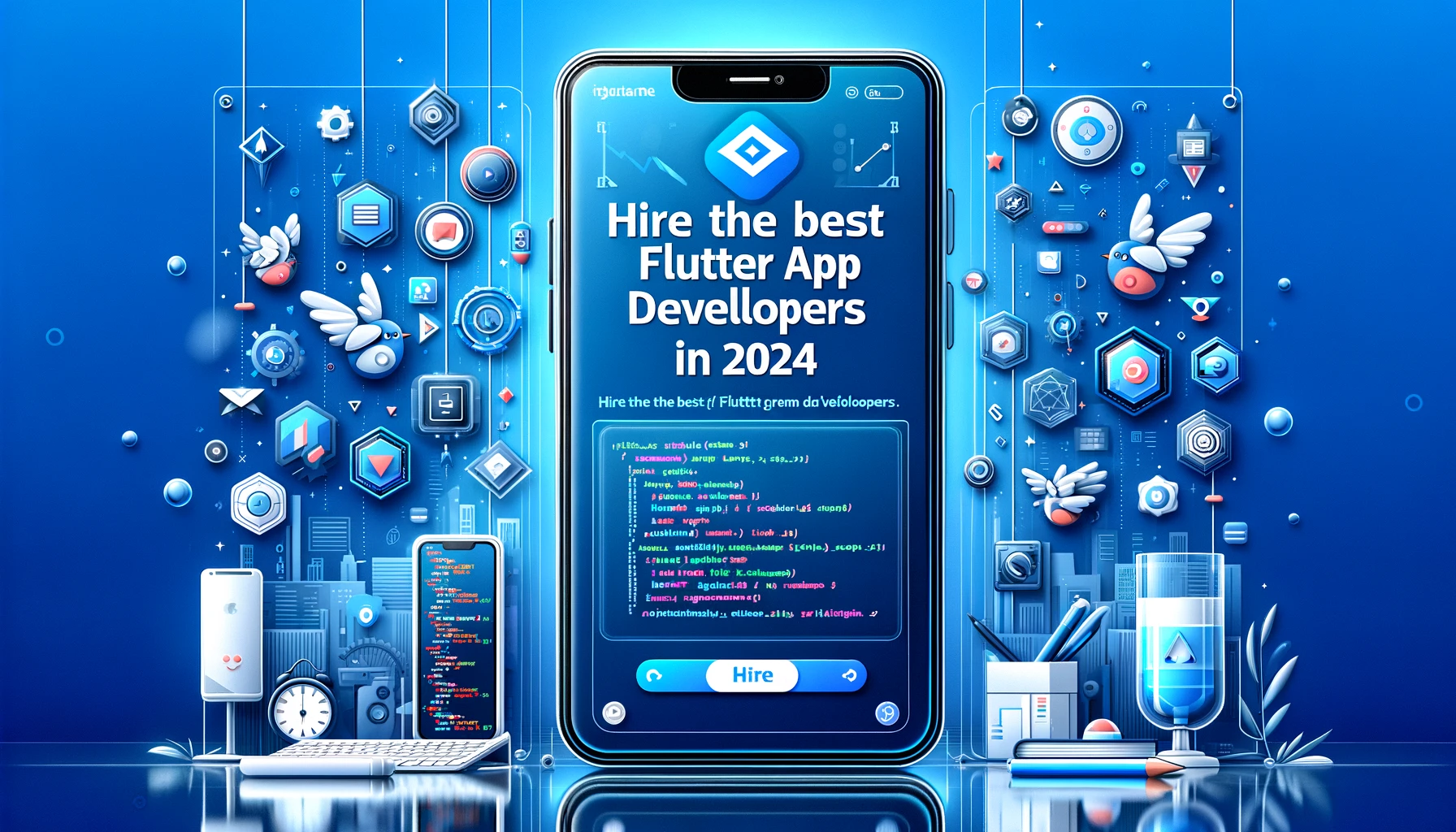 DALL·E 2024 08 05 00.18.24 An eye catching banner titled Hire the Best Flutter App Developers in 2024. The design features modern elements such as smartphones app icons and