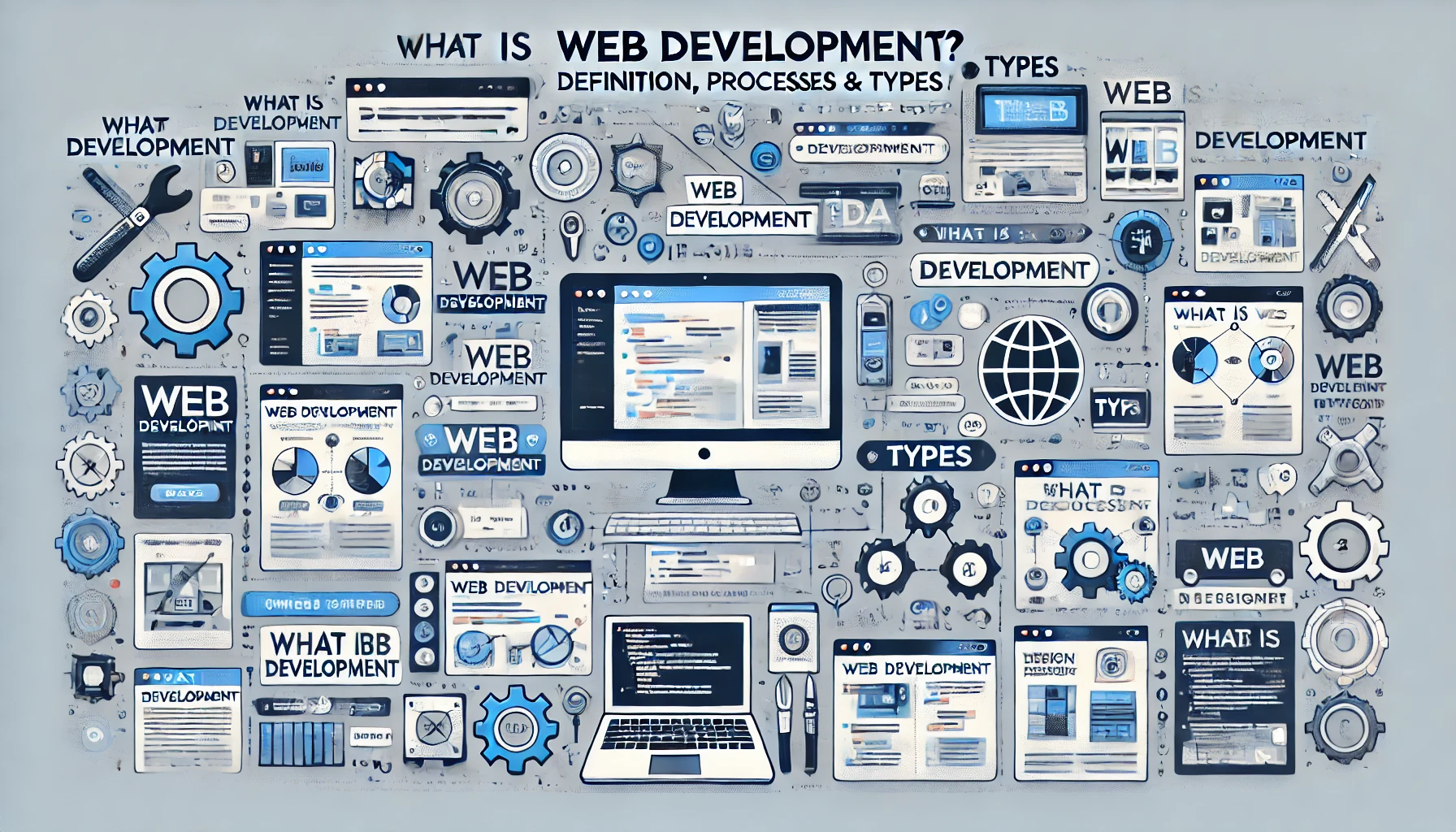 DALL·E 2024 08 05 00.24.49 A detailed infographic titled What is Web Development Definition Processes Types. The design includes modern web elements such as browser window