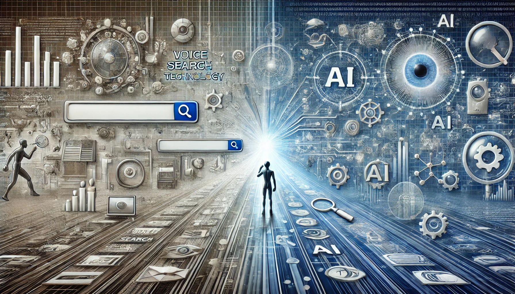 A panoramic illustration showing AI's impact on search engine technology, transitioning from traditional methods to a futuristic, AI-driven environment.