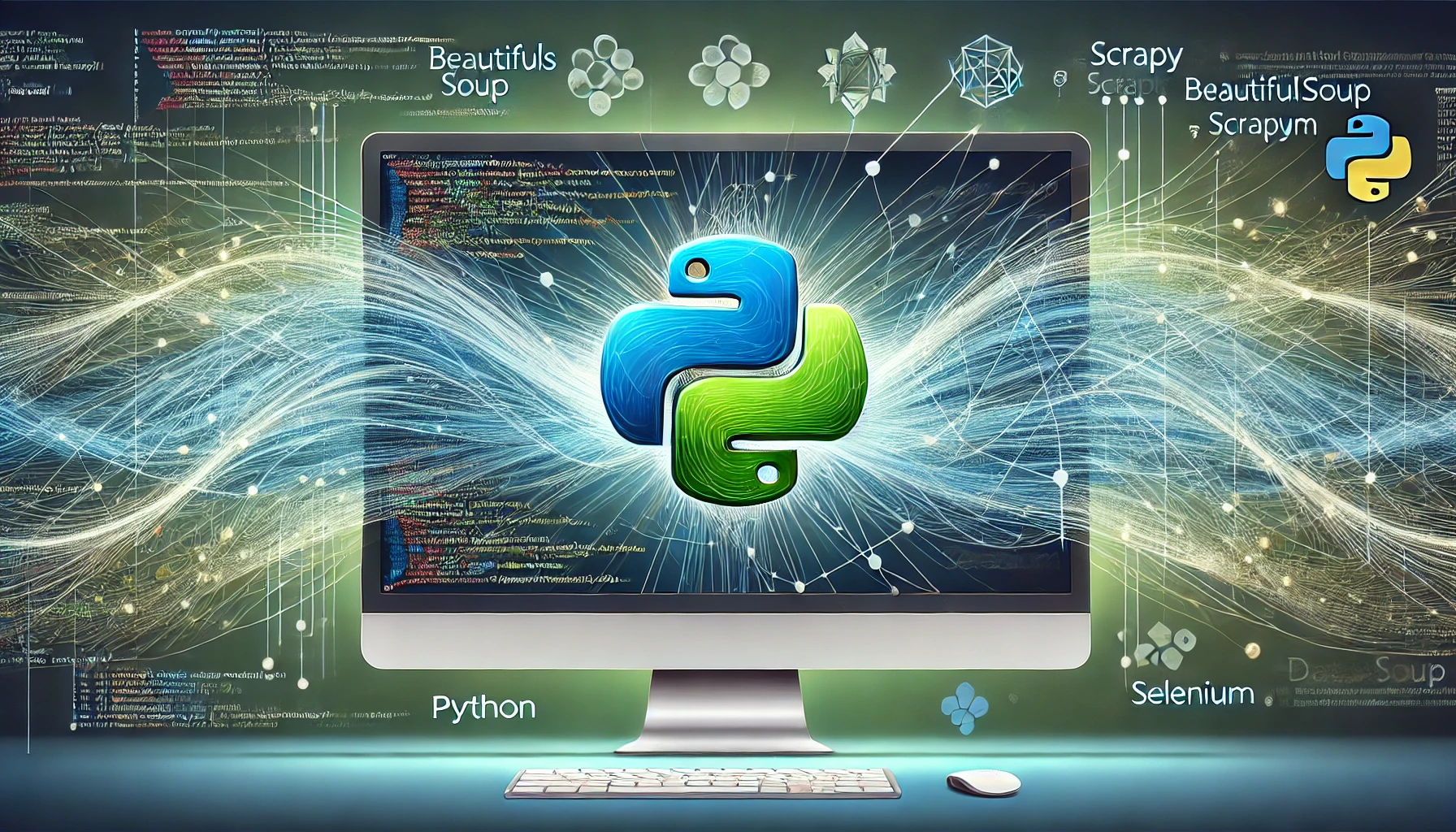 Panoramic illustration of web data scraping with Python, featuring a computer screen with Python code, the Python logo, and icons for BeautifulSoup, Scrapy, and Selenium, all connected by data streams.