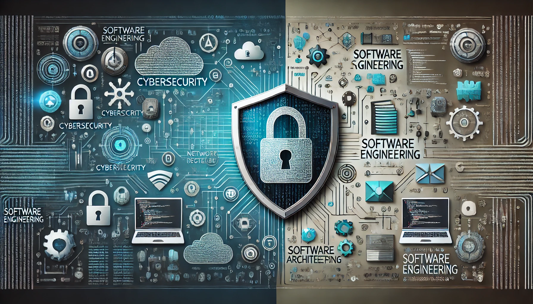 Panoramic image comparing Cybersecurity and Software Engineering with symbols like a padlock and code snippets, divided by a central shield.