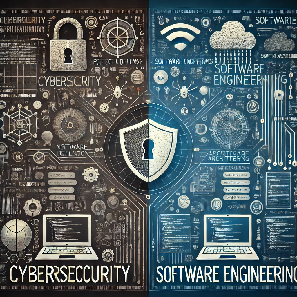 DALL·E 2024 08 21 00.10.21 A square image illustrating the comparison between Cybersecurity and Software Engineering. On one side depict symbols of cybersecurity such as a padl