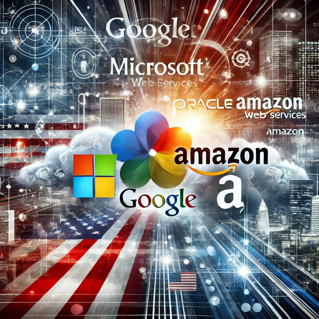 Digital illustration featuring logos of top software companies in the USA, including Microsoft, Google, Apple, AWS, and Oracle, with a futuristic backdrop and American flag elements.