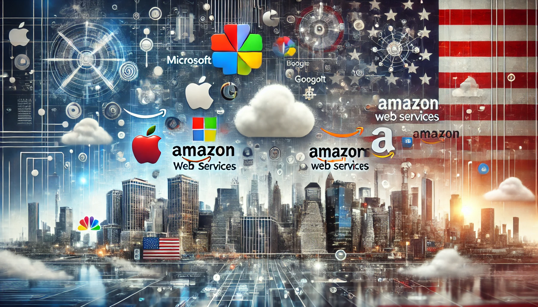 Panoramic image featuring logos of top software companies in the USA, including Microsoft, Apple, Google, and Amazon, with a city skyline and American flag background.