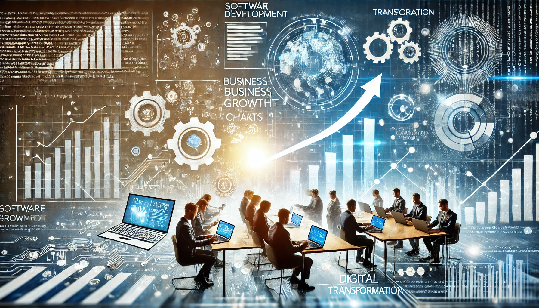 A dynamic image depicting a software development company driving business growth and digital transformation with engineers, growth charts, and gears.