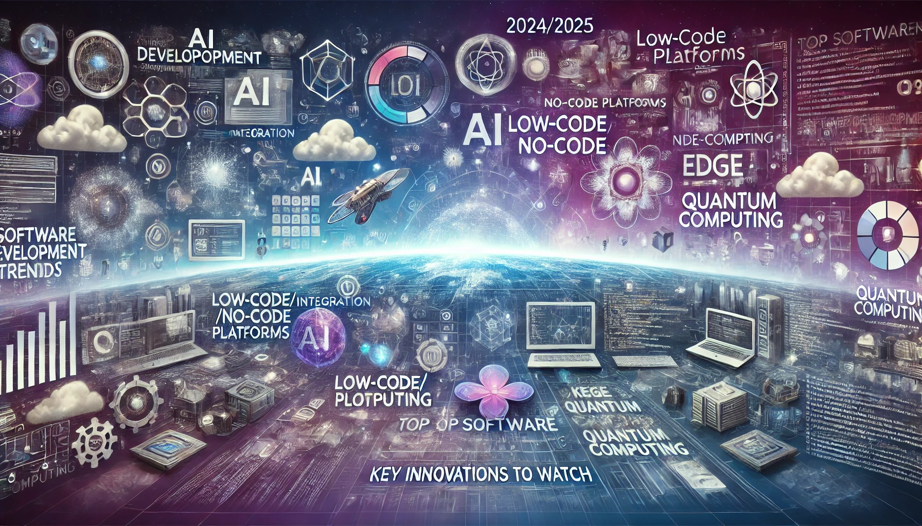 Panoramic image of software development trends in 2024/2025, featuring AI, low-code, edge computing, and quantum computing.