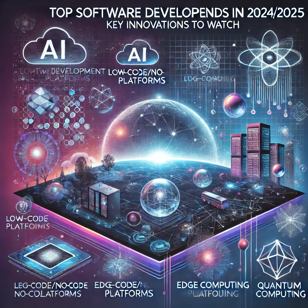 DALL·E 2024 08 26 23.57.22 A square image representing the blog Top Software Development Trends in 2024 2025 Key Innovations to Watch. The design should include a futuristic