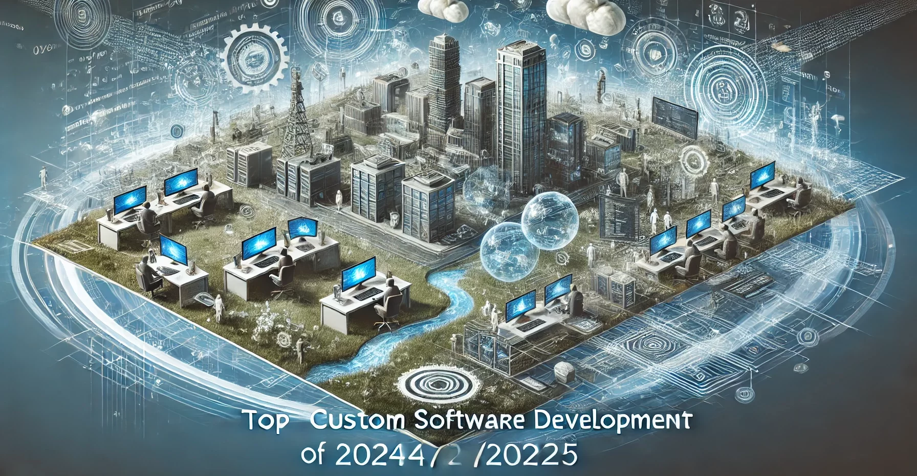 Panoramic image representing top custom software development in 2024/2025, featuring a tech-focused landscape with developers working on projects, coding screens, and abstract digital elements.