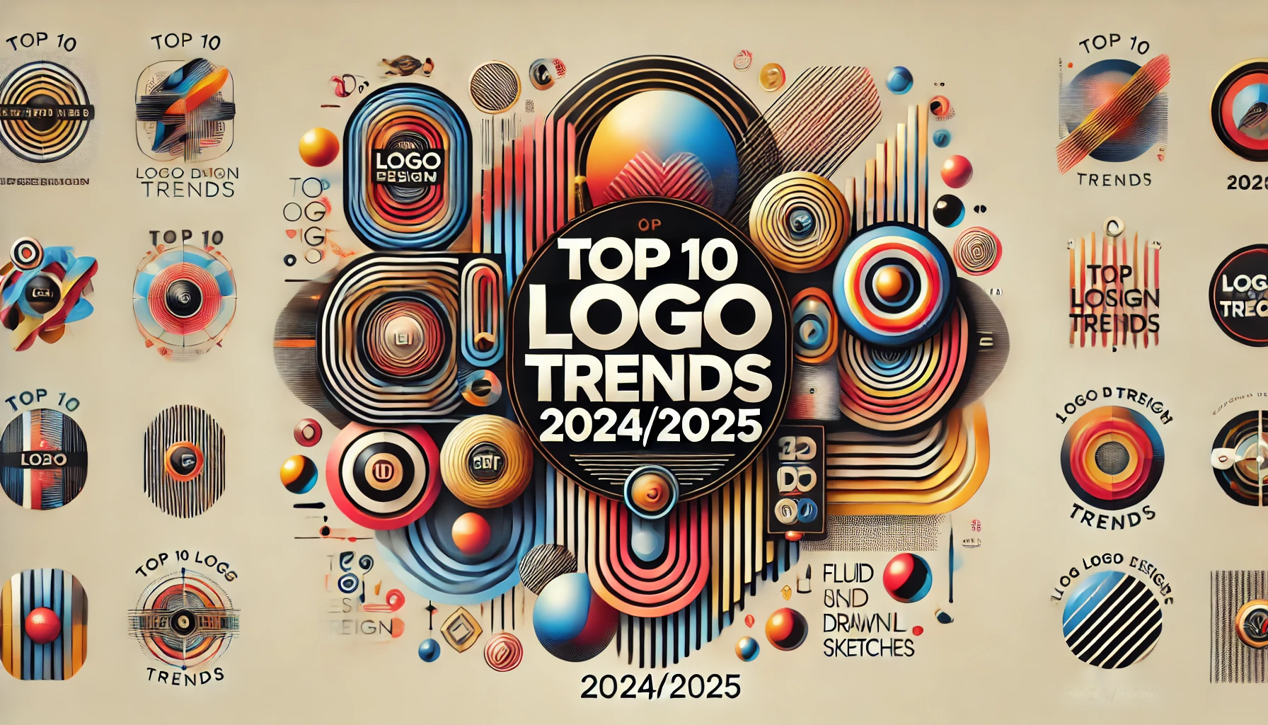 Panoramic image of 'Top 10 Logo Design Trends 2024/2025' with vibrant colors, bold typography, and modern design elements.