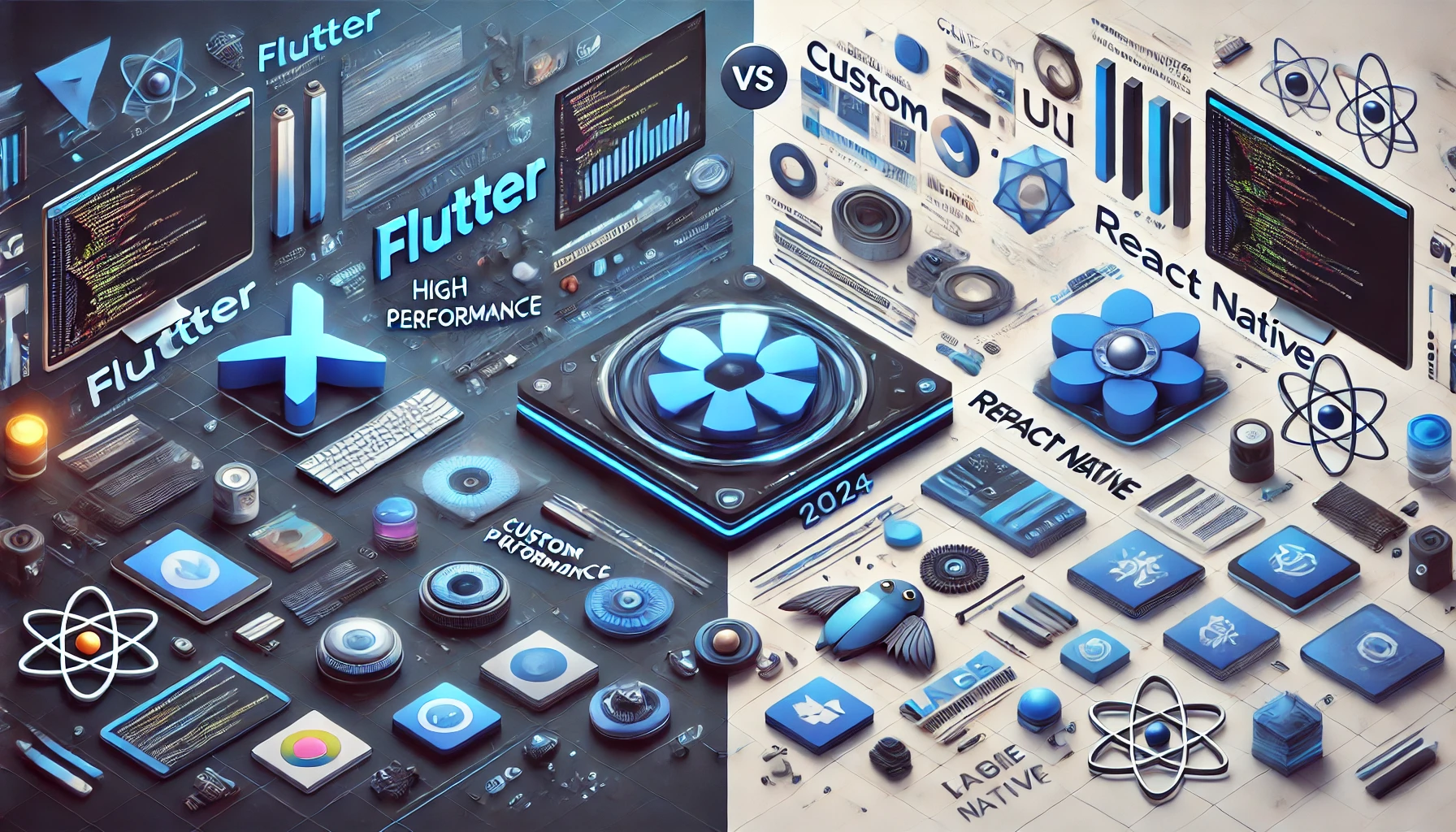 Panoramic image comparing Flutter vs. React Native for mobile app development in 2024, highlighting high performance and custom UI elements of each framework.