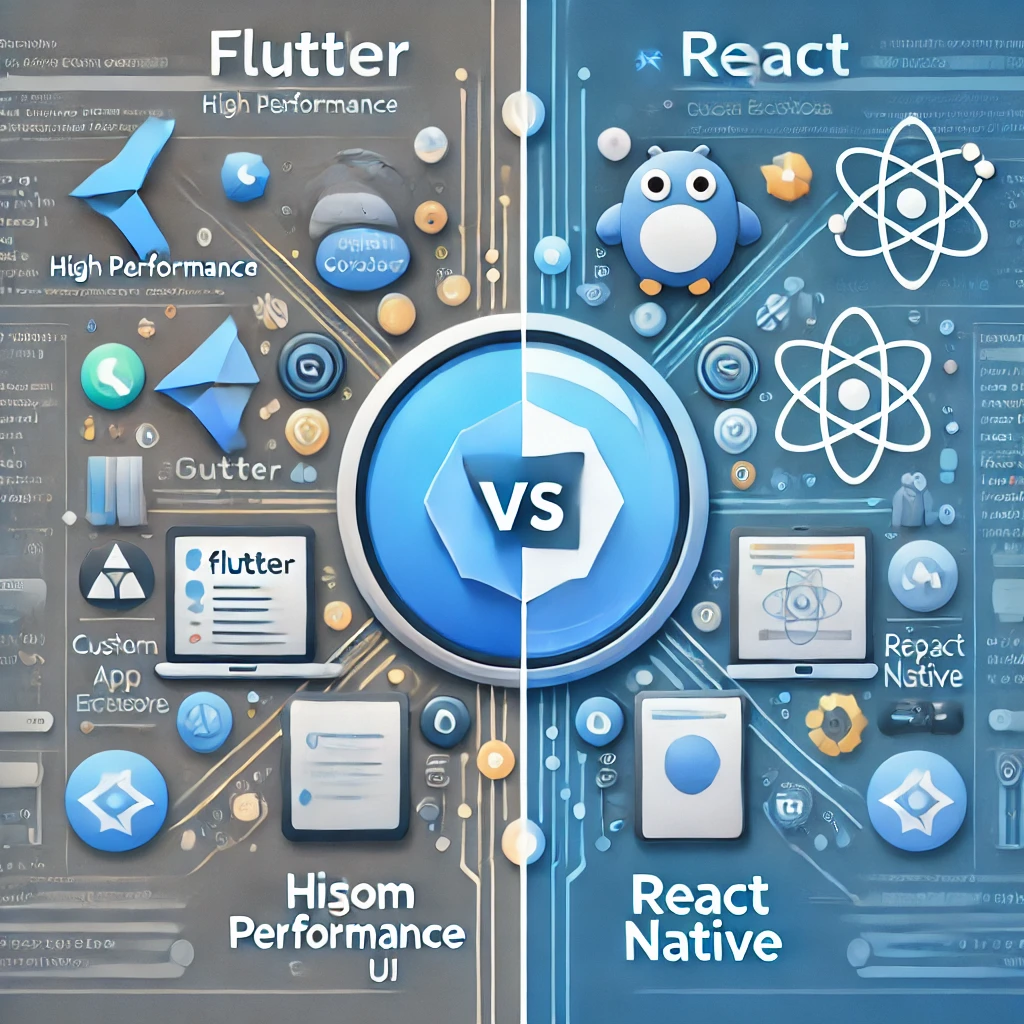 Comparison image of Flutter vs. React Native for mobile app development in 2024, highlighting key strengths of each framework with a tech-themed background.