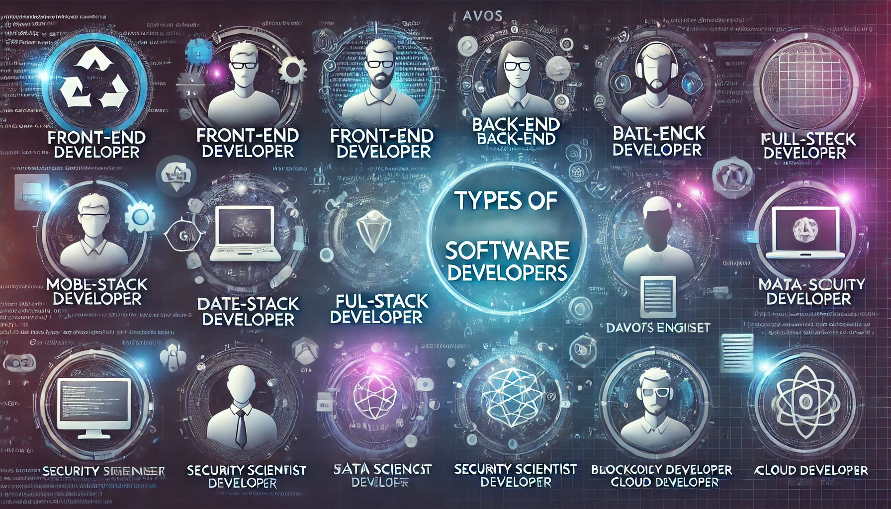 Infographic showing types of software developers, including Front-End, Back-End, Full-Stack, Mobile App, DevOps, Data Scientist, Security, Blockchain, AI/ML, and Cloud Developer, with a futuristic tech design.