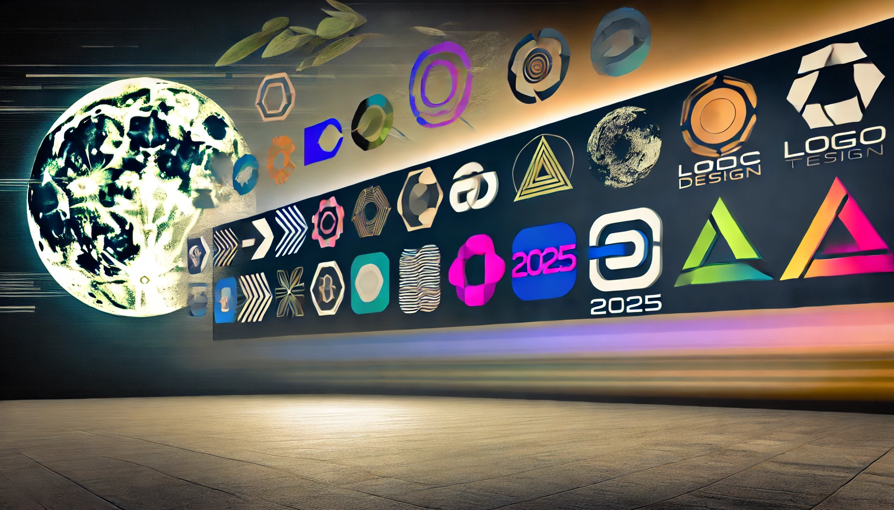 A panoramic image showcasing logo trends 2025, featuring minimalist designs, bold colors, dynamic shapes, and geometric patterns on a sleek, modern background.