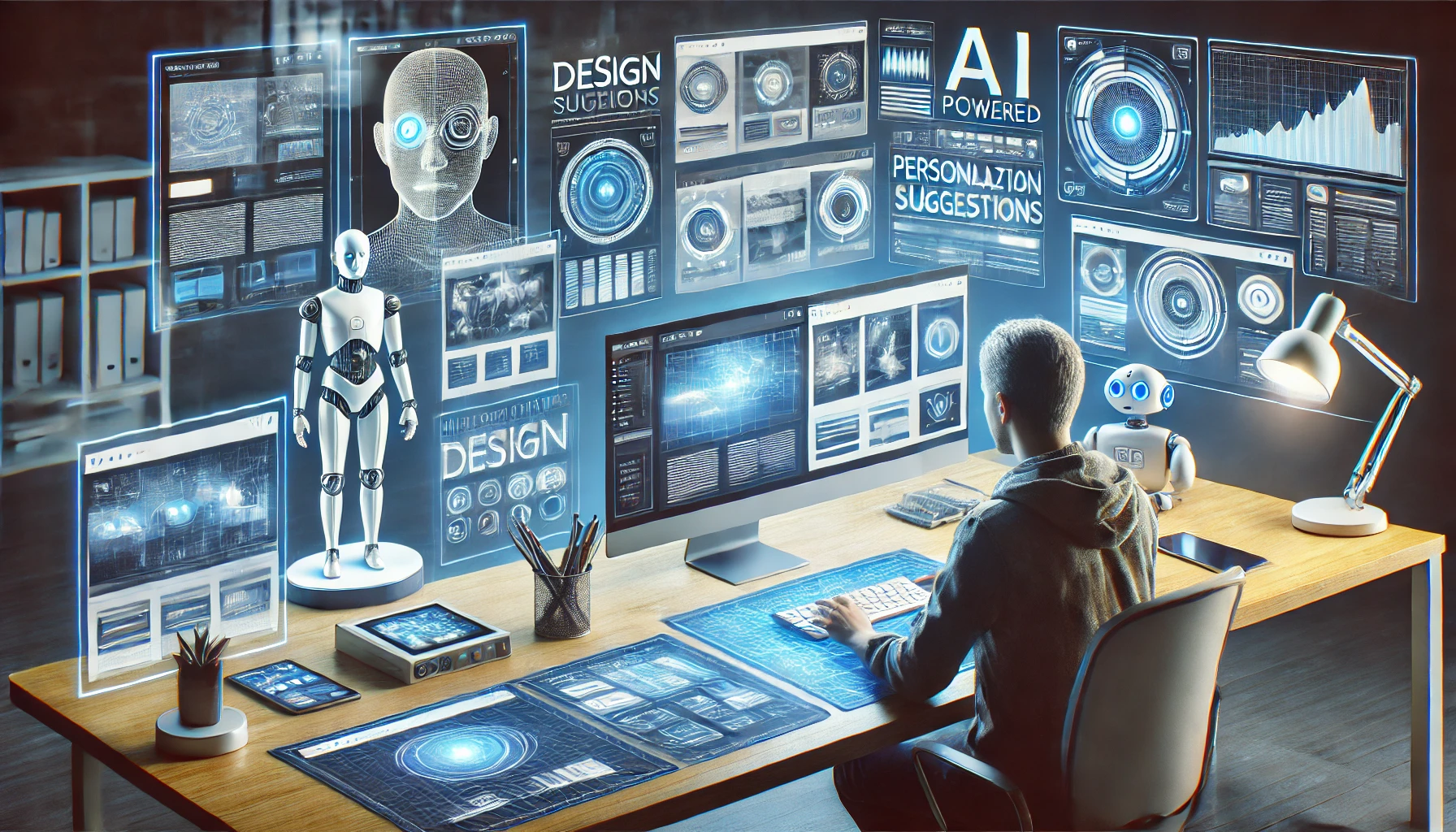 Futuristic web design workspace with AI-powered tools and screens displaying layouts and personalization, showcasing web design trends for 2025.