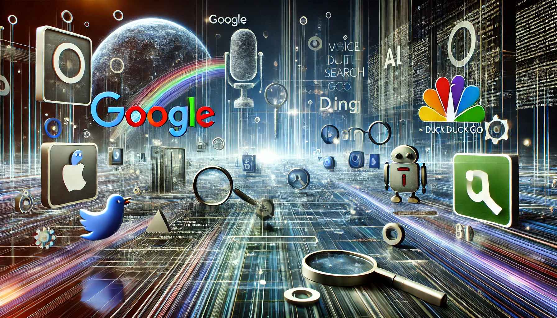 Futuristic digital landscape of new SEO algorithms with Google, Bing, DuckDuckGo, and AI-driven search elements.