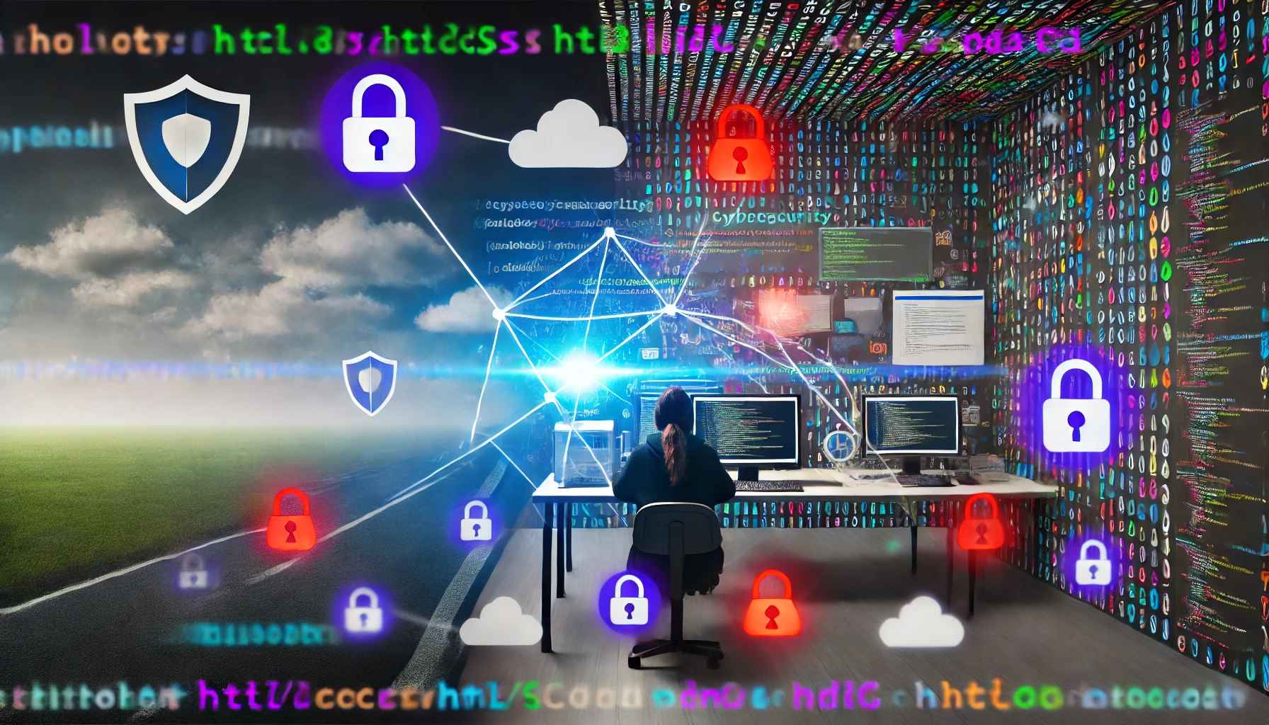 Person working on multiple screens surrounded by cybersecurity icons like locks, shields, and cloud symbols, illustrating the contrast between cybersecurity vs web development, with a background merging the digital and physical worlds.