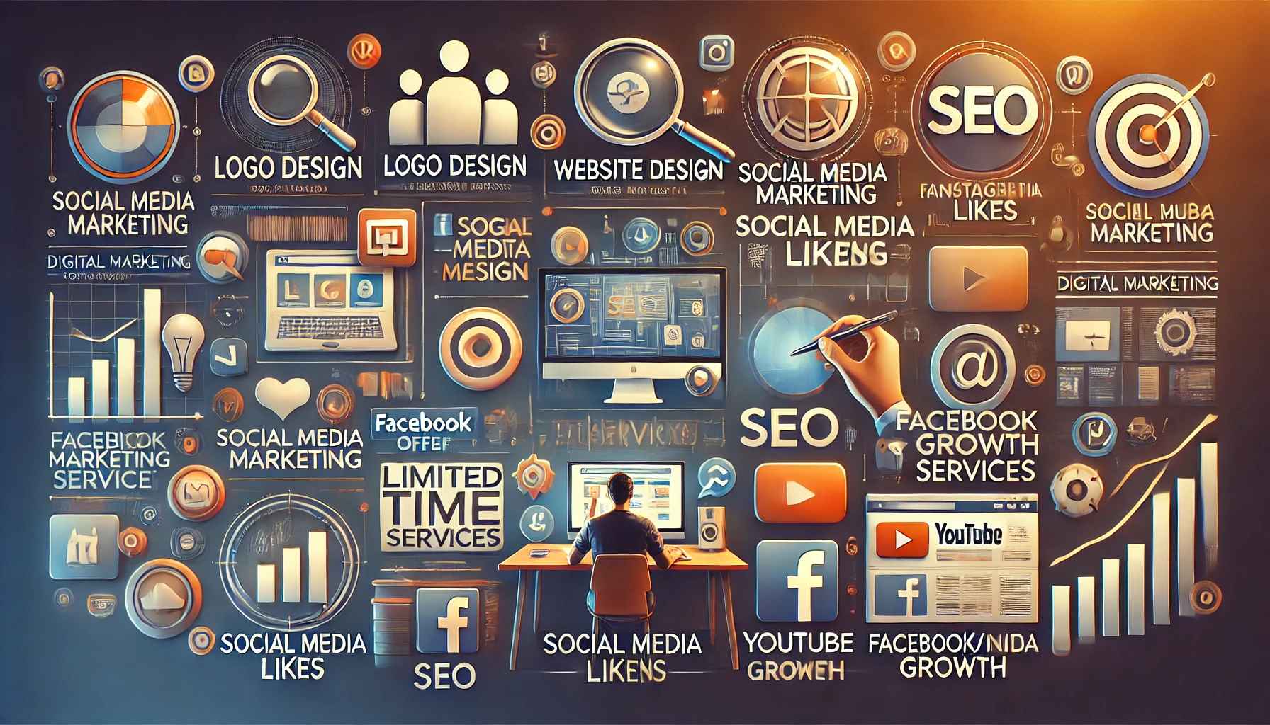 Panoramic image showing digital marketing deals: logo design, website design, SEO, social media marketing, and YouTube growth services with limited-time offers.