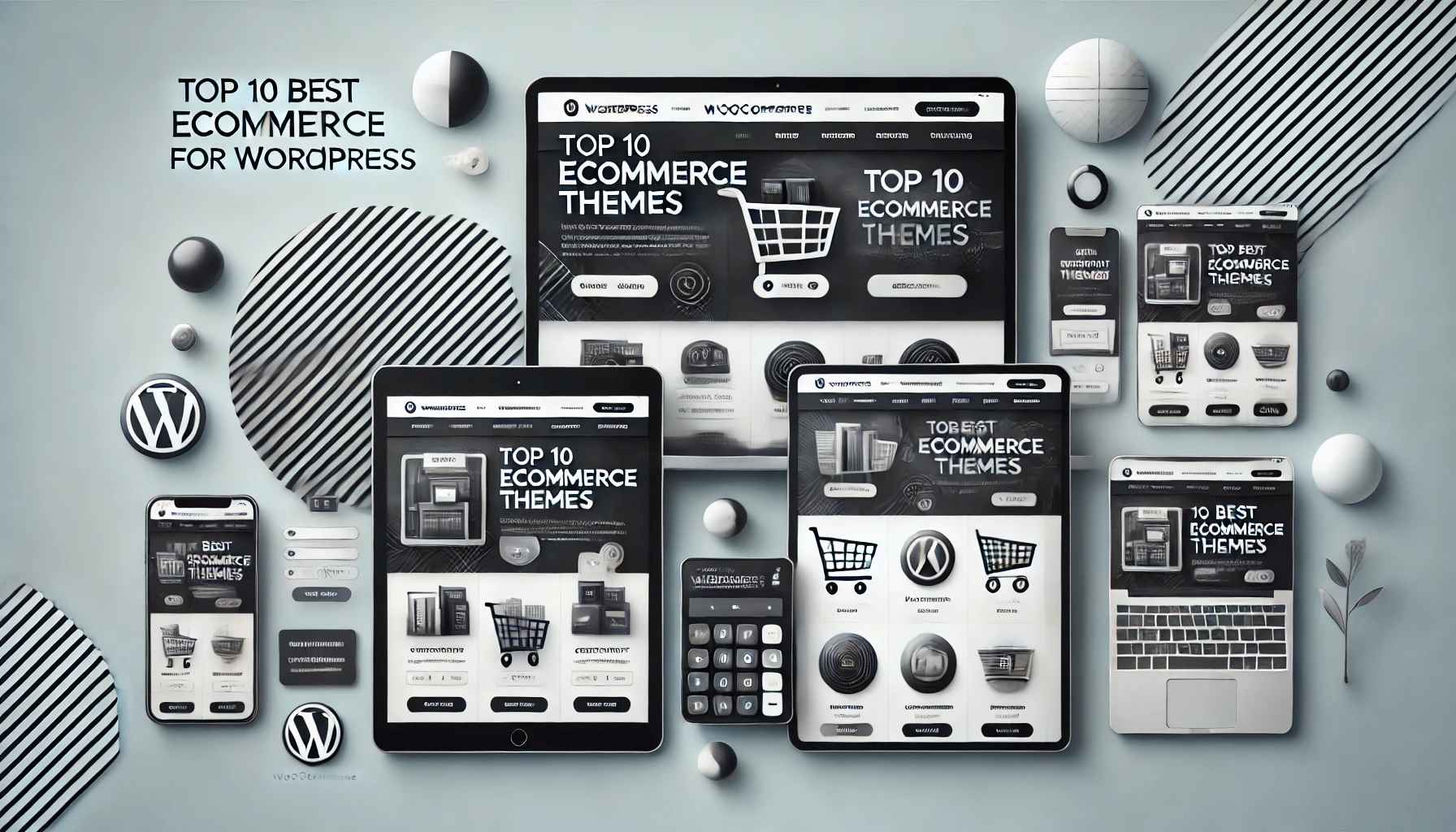 Best e-commerce themes displayed on multiple devices, including a laptop, tablet, and smartphone, showcasing modern, responsive website design for WordPress in 2025."