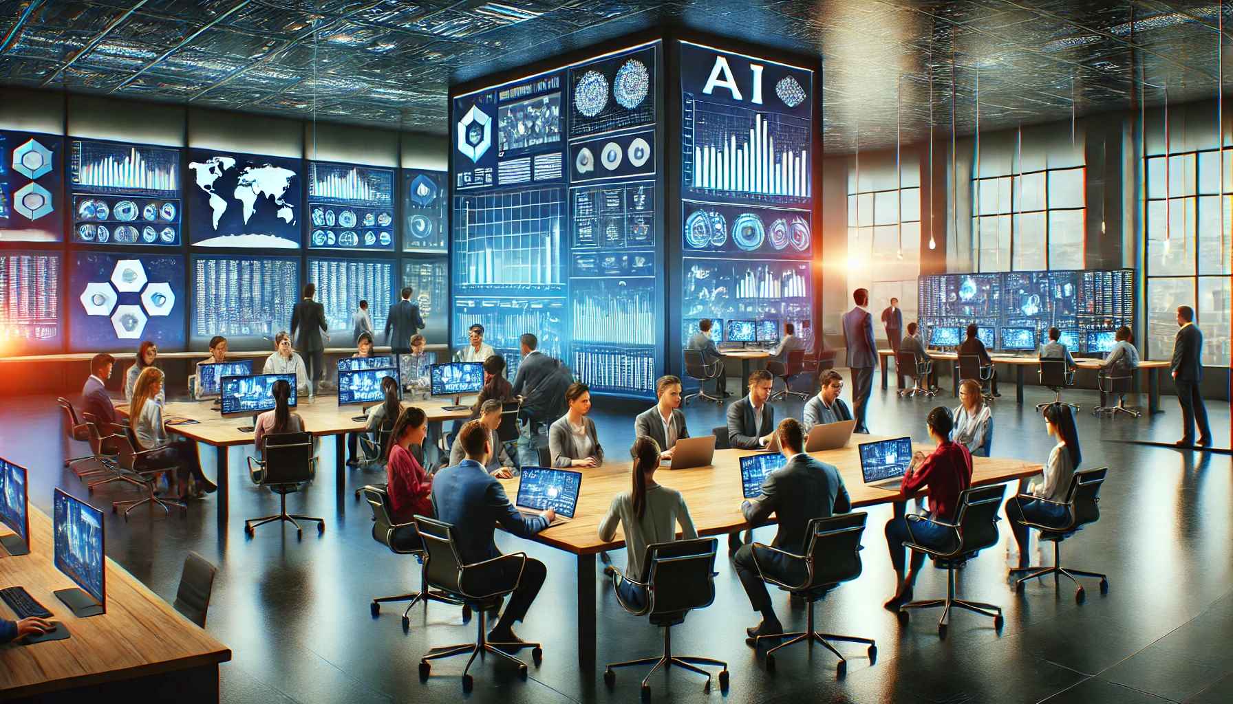 Modern IT consulting office with professionals working around digital displays showcasing AI and machine learning analytics.