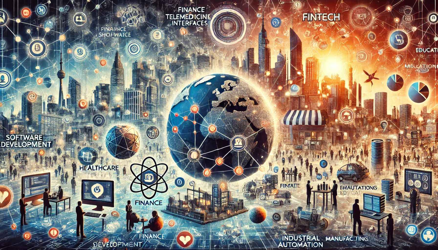 Futuristic depiction of software development services impacting global industries, with interconnected sectors like healthcare, finance, and manufacturing centered around a digital globe.