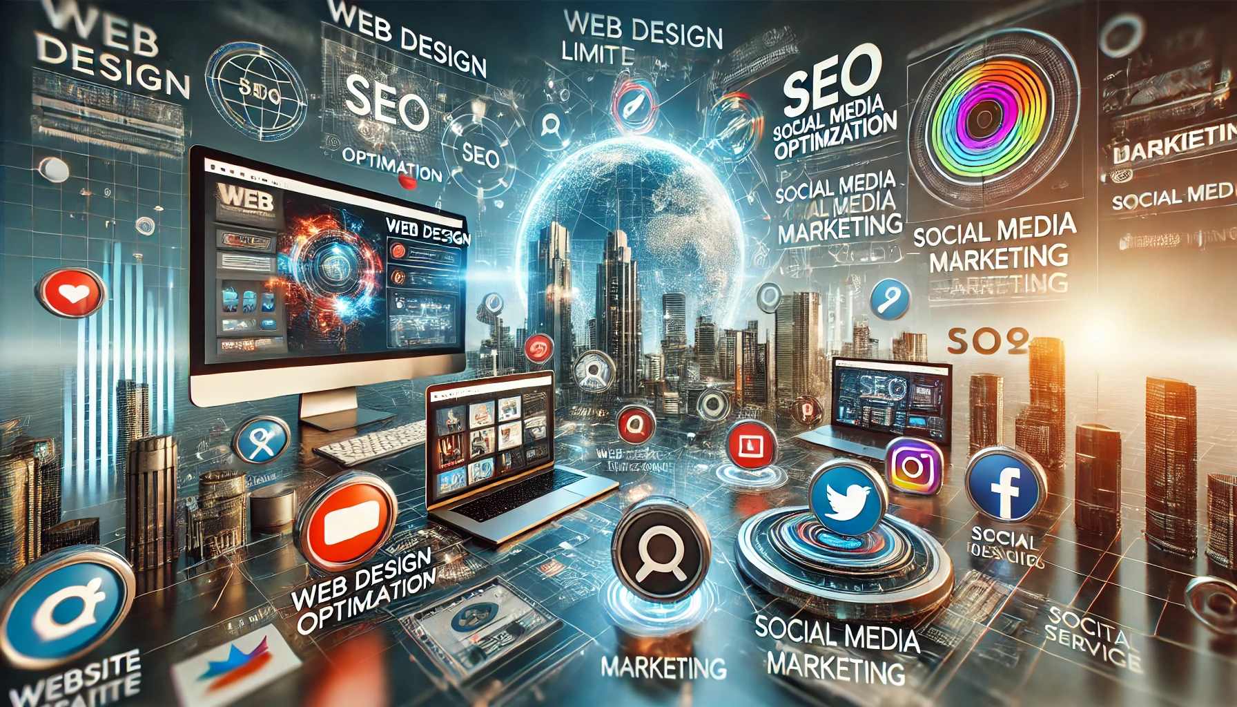 Panoramic image showcasing digital services like web design, SEO, and social media marketing with a focus on limited time deals in a futuristic workspace.