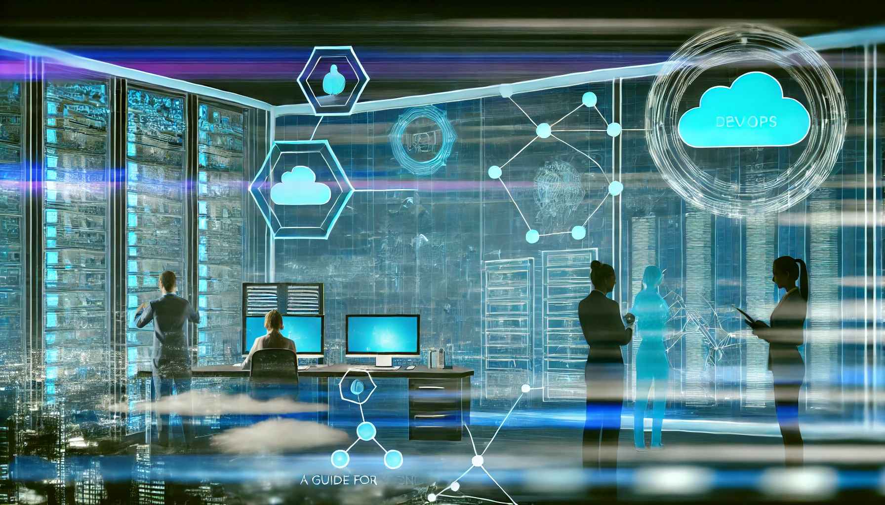 Futuristic depiction of DevOps trends 2025 with advanced cloud infrastructure, automated systems, and IT professionals collaborating in a high-tech environment.