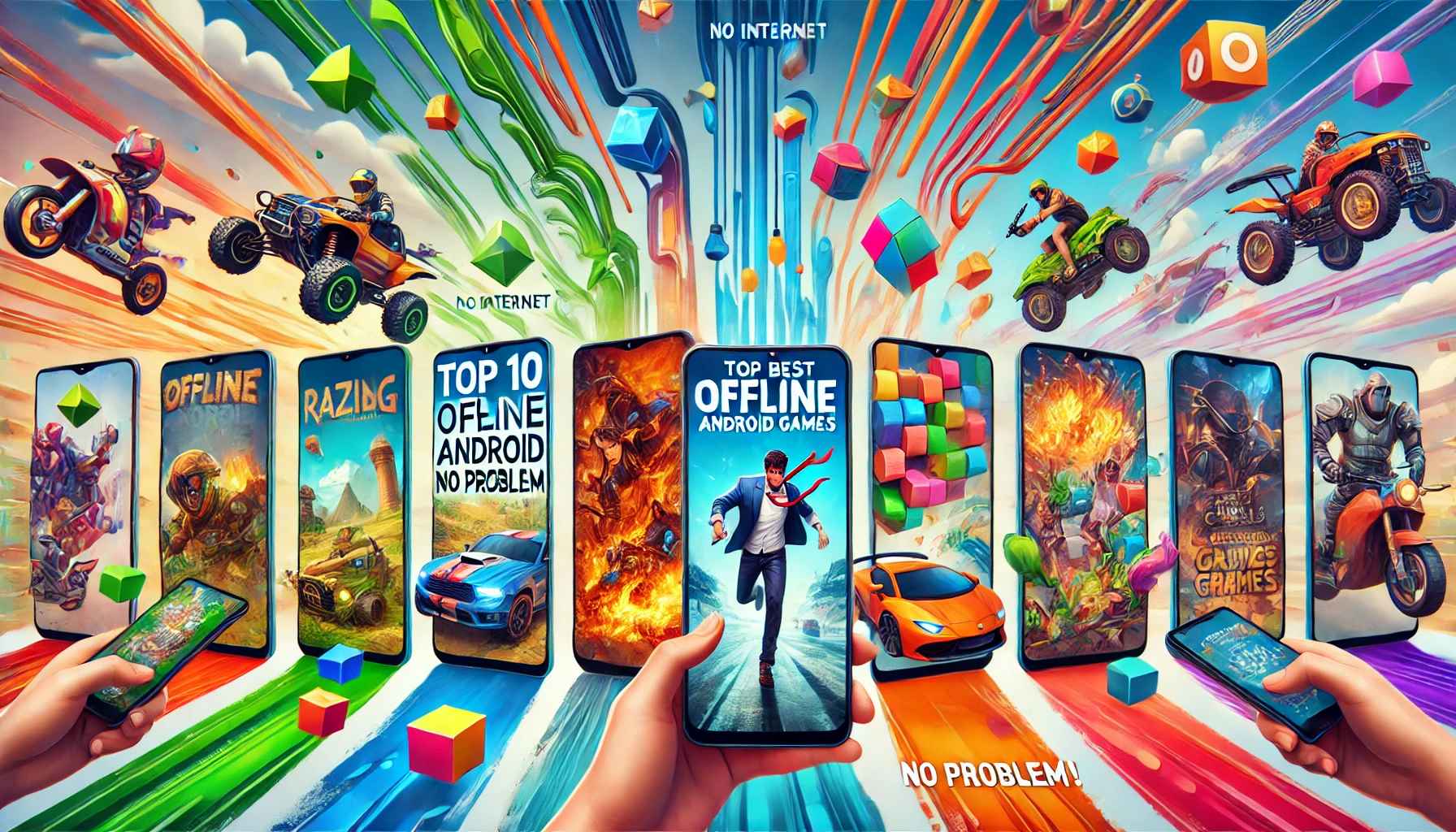 Panoramic image of offline Android games across various genres like racing, puzzle, and RPG, with the title Top 10 Best Offline Android Games and the tagline 'No Internet? No Problem!'