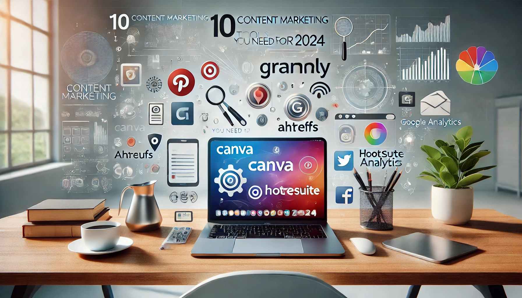 Workspace with laptop displaying digital marketing tools, including Canva, Ahrefs, Hootsuite, Grammarly, and Google Analytics, representing content marketing tools for 2024.