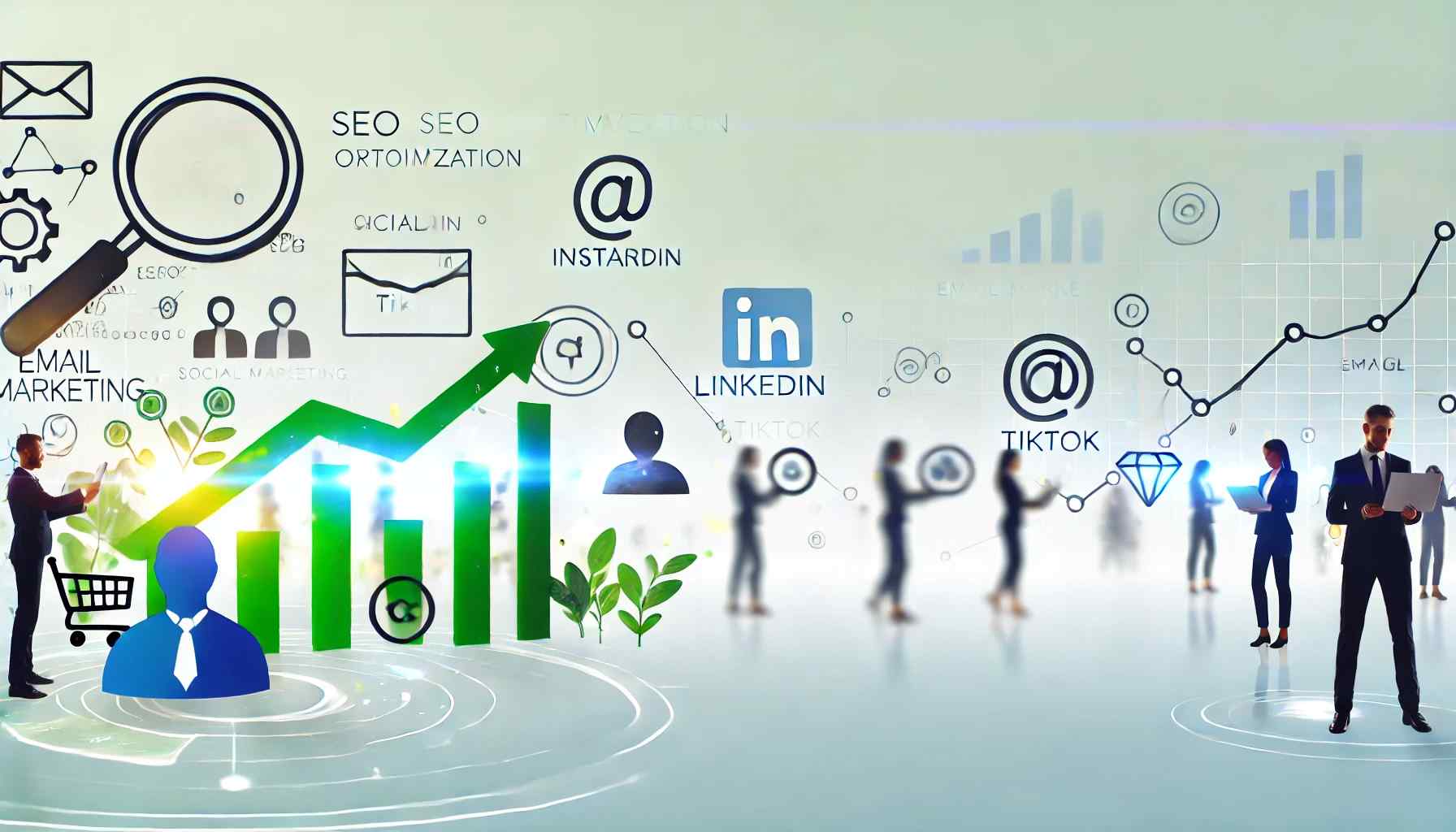 Digital marketing illustration showing social media platforms and SEO strategies to grow online business without paid ads featuring icons like TikTok, LinkedIn, and graphs representing business growth.