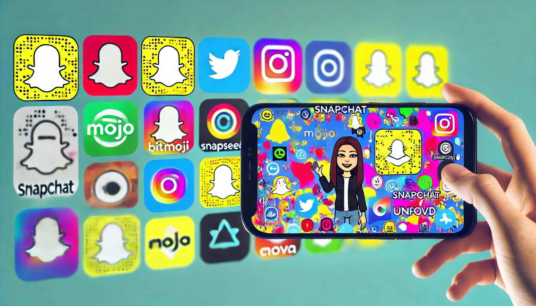 Smartphone showing Snapchat interface with companion apps like Bitmoji, Mojo, and Snapseed.