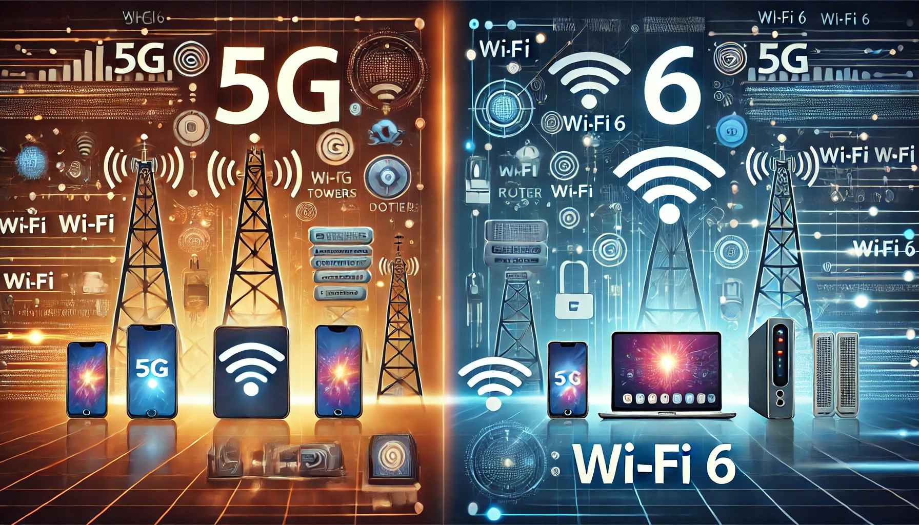 5G vs Wi-Fi 6 comparison illustration showcasing mobile towers, smartphones, routers, and network signals, representing the key differences between 5G and Wi-Fi 6 technologies.