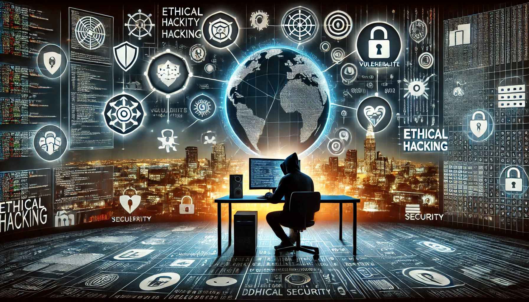 Panoramic illustration of ethical hacking in cybersecurity, showing a hacker at a computer in a dark room, surrounded by digital security elements, codes, and a city skyline at night.