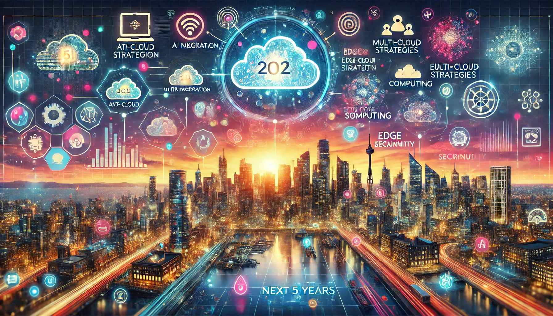 Panoramic illustration of Cloud Computing Trends over the next five years, featuring a city skyline at sunset and icons for AI integration and multi-cloud strategies.