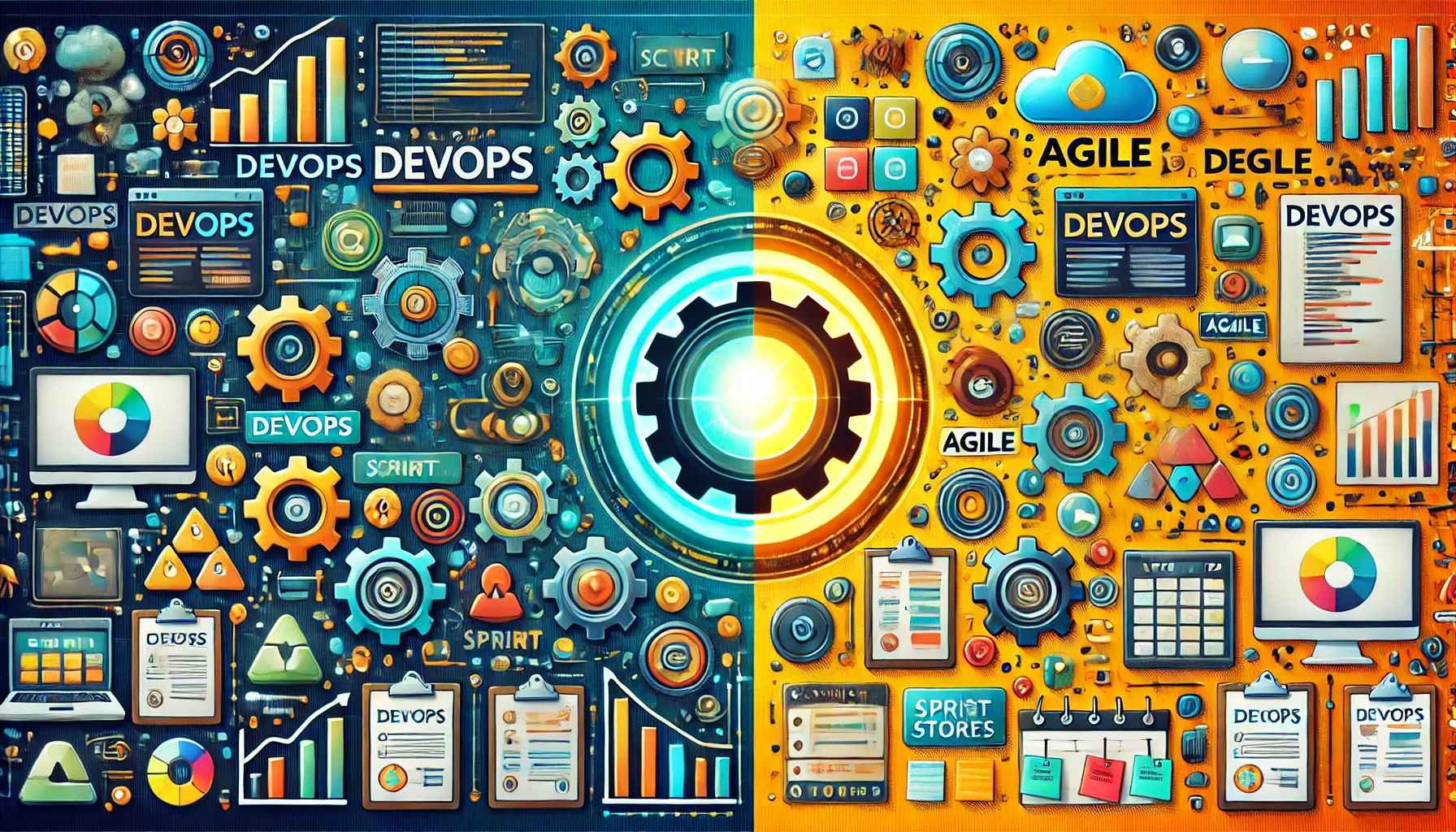 Visual comparison of DevOps vs. Agile methodologies, featuring tools and concepts from both approaches.