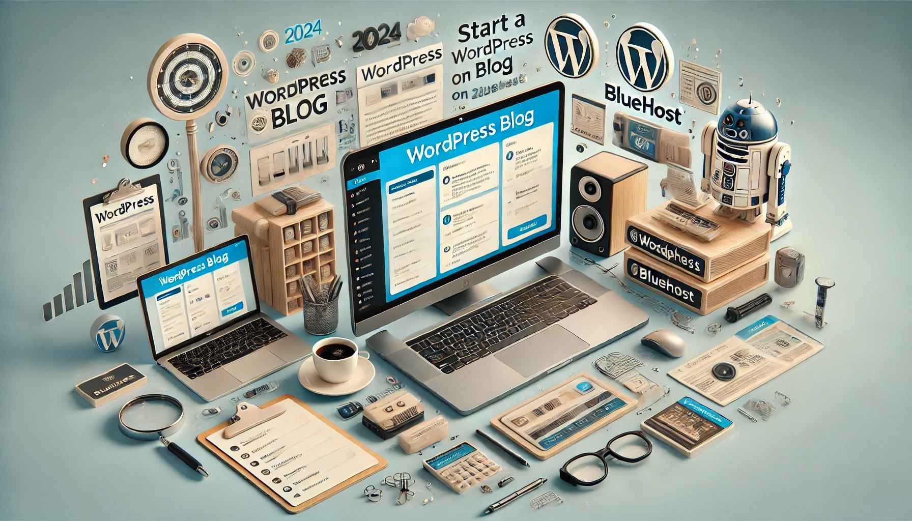 Start a WordPress blog on Bluehost in 2024 visual guide, showcasing WordPress interface, Bluehost logos, and blogging tools like a laptop, magnifying glass, and checklist.