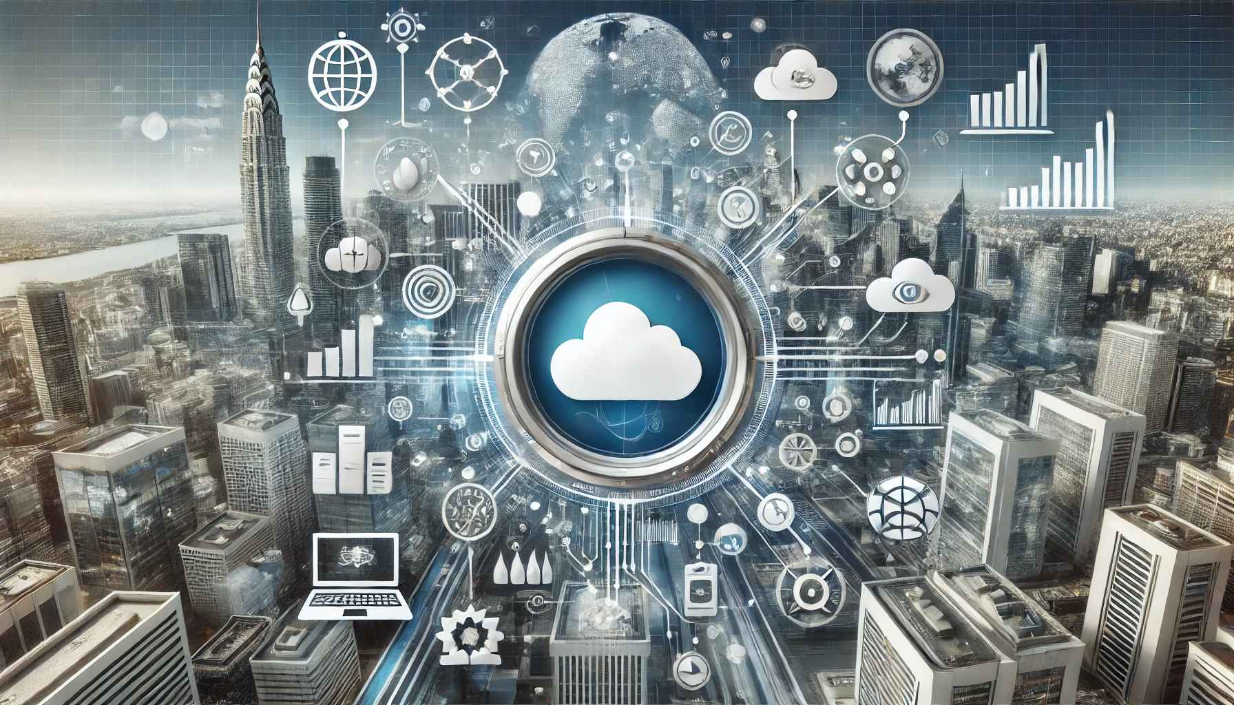 Visual representation of cloud computing and SaaS solutions in a modern city skyline, highlighting the future of business technology with interconnected systems and digital tools.