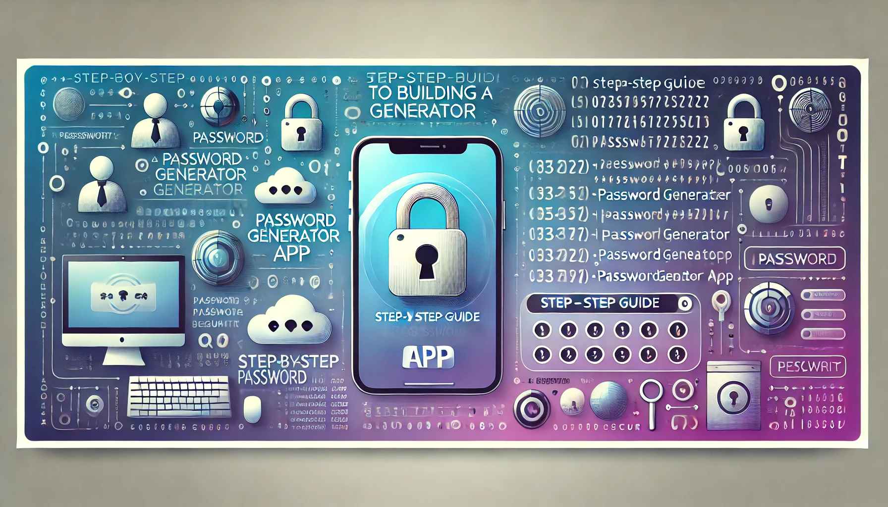 Step-by-Step Guide to Building a Password Generator App - A futuristic design featuring password security symbols and a smartphone on a blue and purple gradient background.