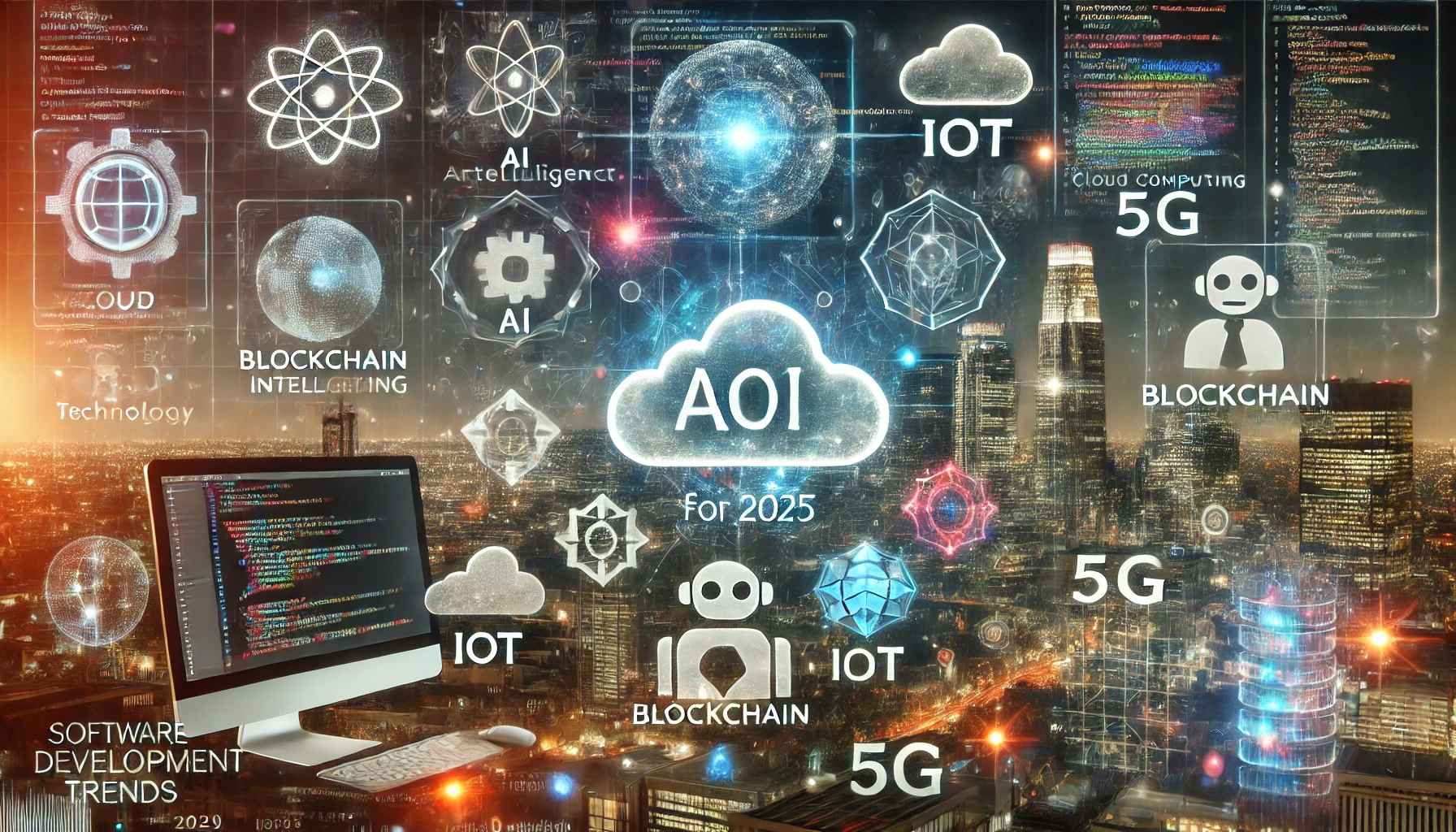 Futuristic digital landscape showcasing top software solutions development trends for 2025, featuring AI, blockchain, IoT, cloud computing, 5G, and advanced code editors.