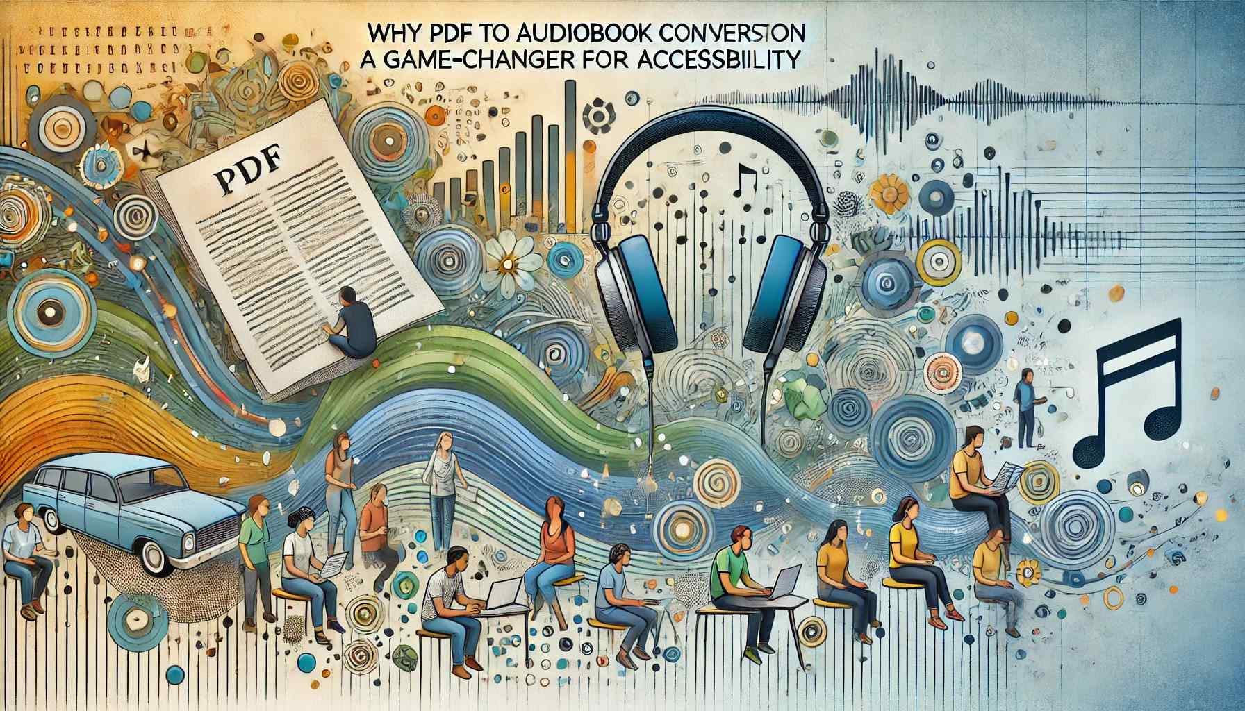 Illustration of PDF to audiobook conversion for accessibility, featuring a PDF document, headphones, sound waves, and diverse users engaging with digital content.