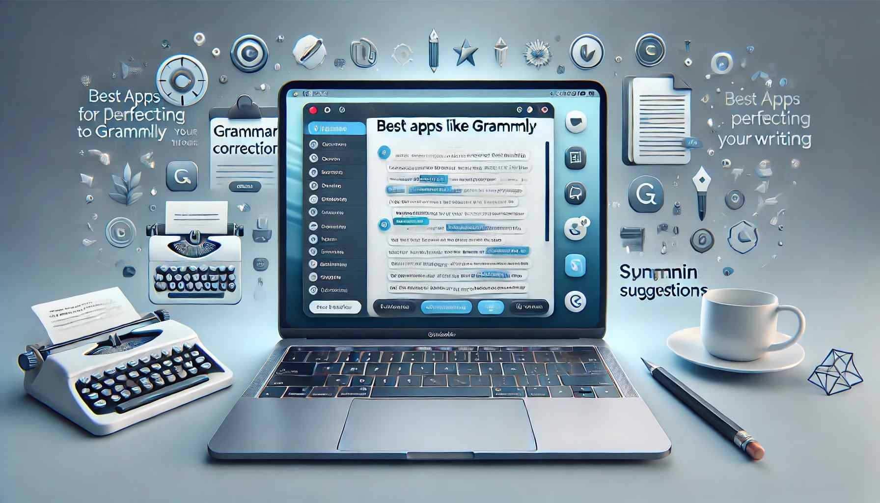 Laptop displaying text editing app with grammar correction tools and suggestions, representing best apps like Grammarly for writing improvement.