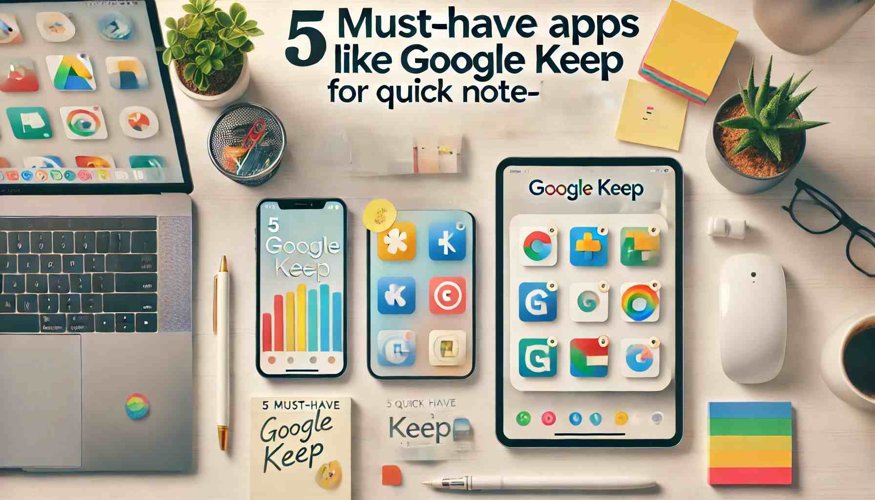 5 must-have apps like Google Keep for quick note-taking, displayed on smartphone, tablet, and laptop screens with productivity tools.