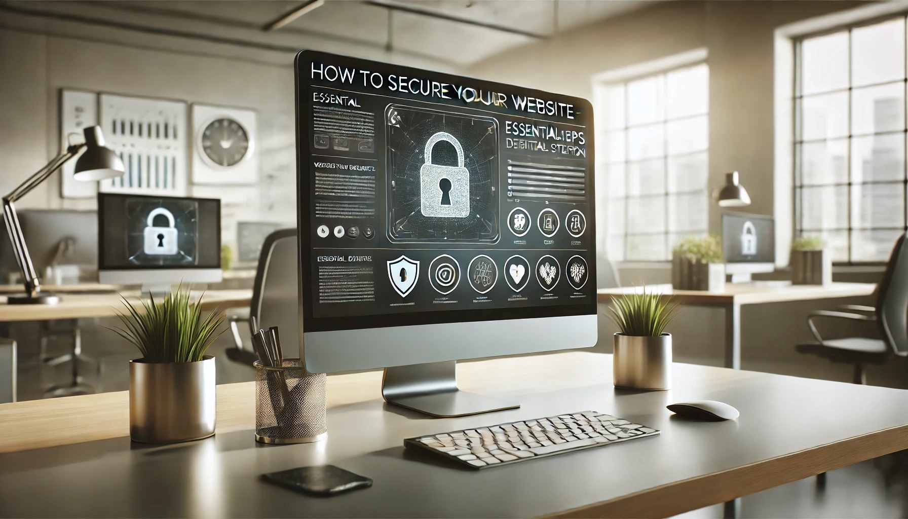 Modern office setting with a desktop computer displaying website security and data protection graphics, emphasizing steps to secure your website.