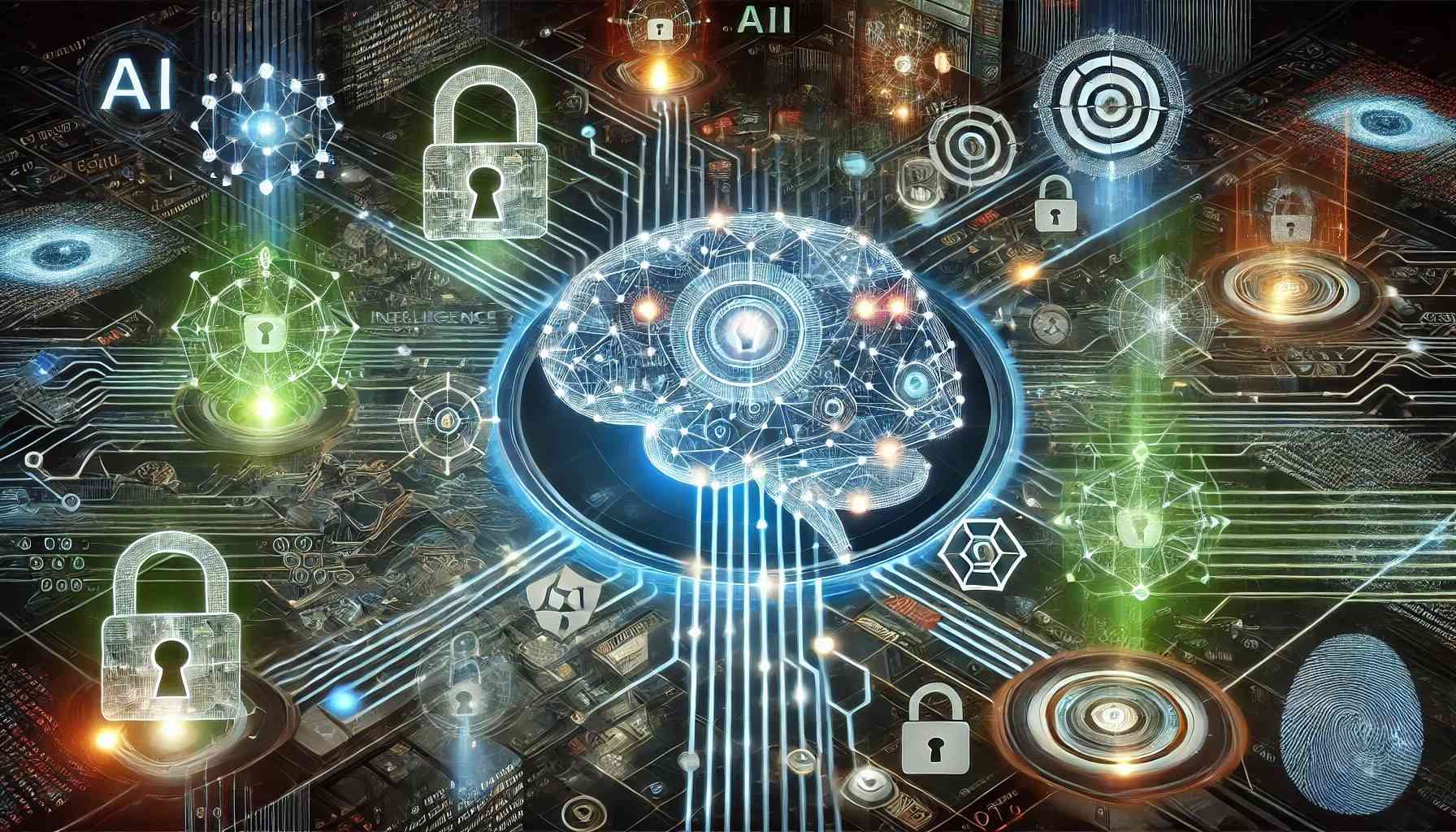 Futuristic depiction of AI in Cybersecurity, showcasing a digital brain linked to data streams, with security icons like locks and shields, and glowing neural network patterns.